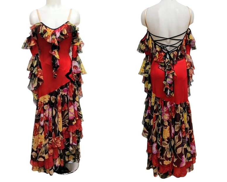 duostyledanse's tweet photo. Robe de danses standard  lycra rouge et mousseline imprimée fleurs T38 https://t.co/YoQUImZa78 https://t.co/1c1VGszxJn