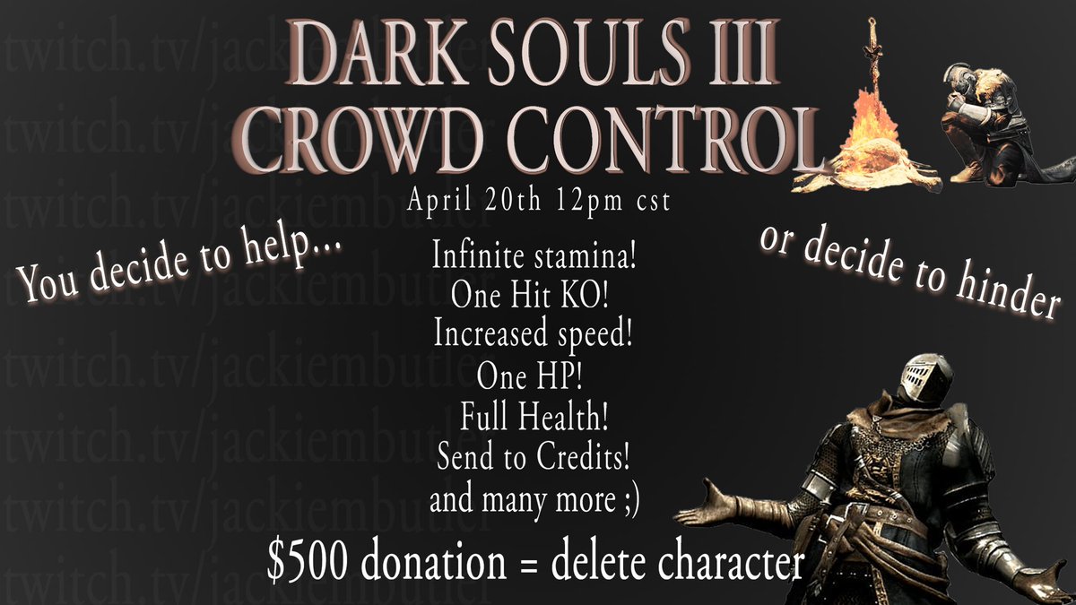 Crowd Control #DarkSouls3 today for my 3rd partner anniversary on Twitch! I've never played a Souls Game before……. Come celebrate with chaos. 🖤 Live at noon, CT ~ Twitch // JackieMButler