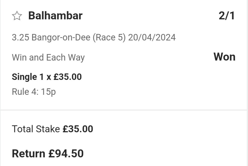 Regal Reality 2nd earlier. Balhambar put up late last night as the Saturday NAP at 2-1 across the board, wins shade of odds on. 15p Rule 4 Two To Go