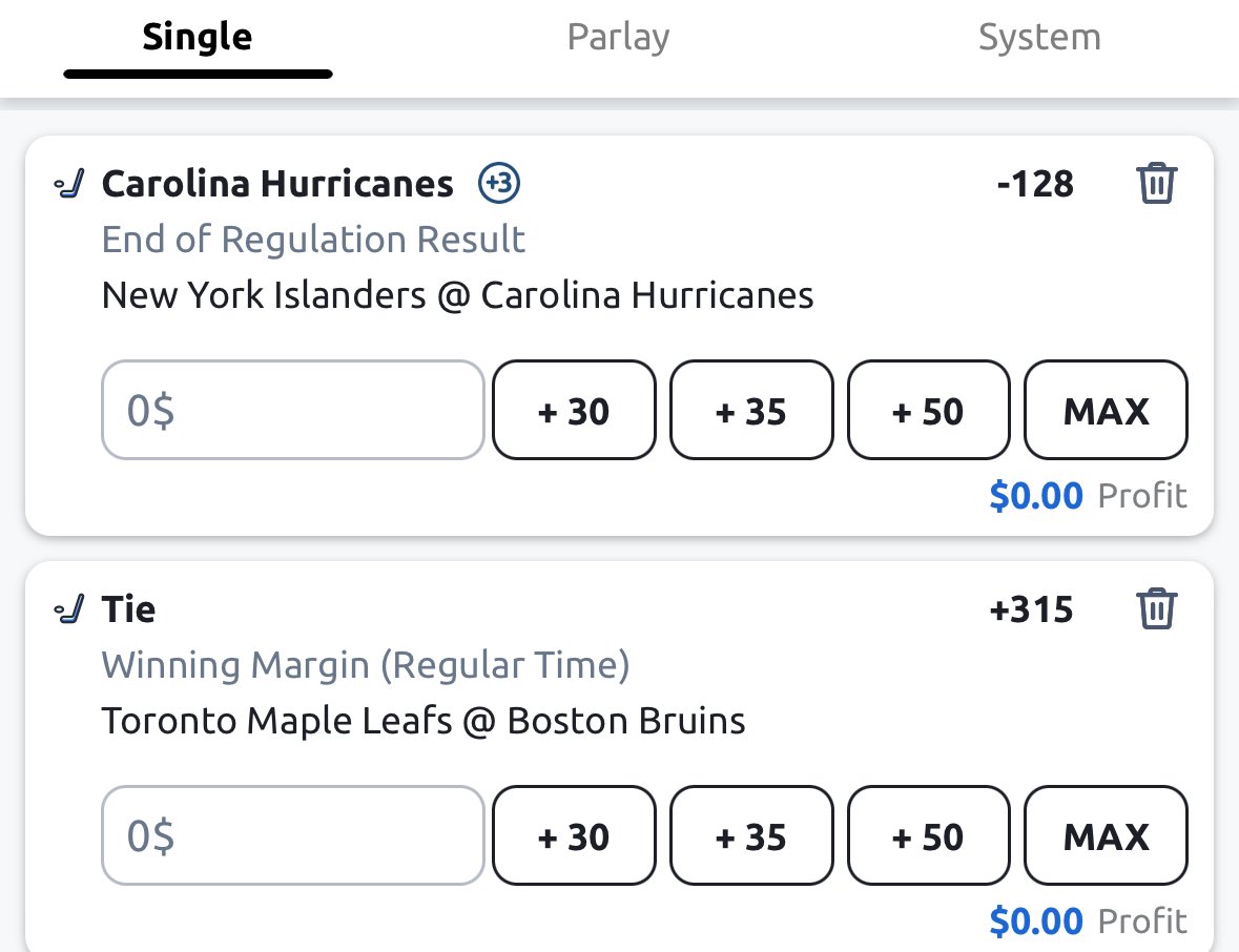 Well, here we go. Islanders at 5 on SN360, Leafs at 8 on SN. Hate to do it, but going CAR in regulation (-128) in a bet I’d love to lose, and TOR/BOS I can’t make heads or tails of, so making a small bet on it going to OT, +315 at @Betano_Canada.