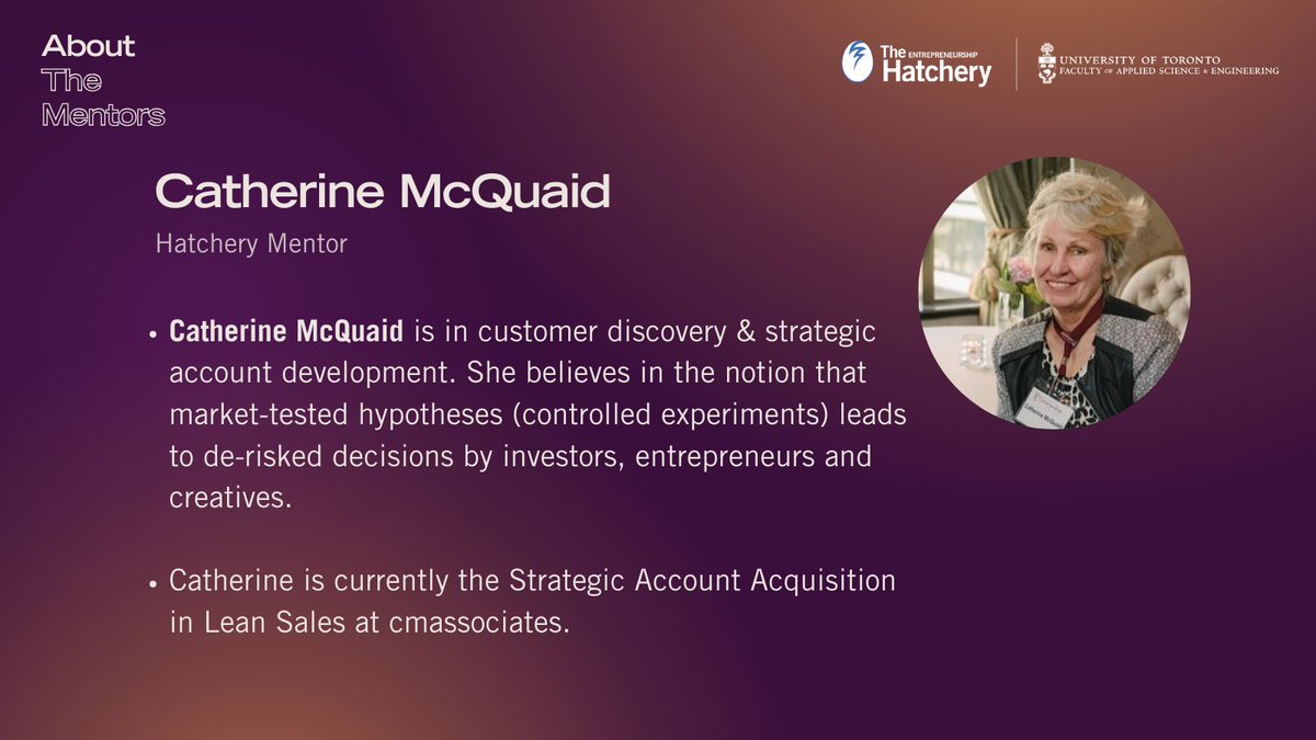👩 ABOUT OUR MENTORS... Happy Saturday Blues! A heartfelt shout-out to our amazing mentor Catherine McQuaid, who brings her expertise in customer discovery and strategic account development. Learn more about The Hatchery and our upcoming events by clicking the link in our bio.