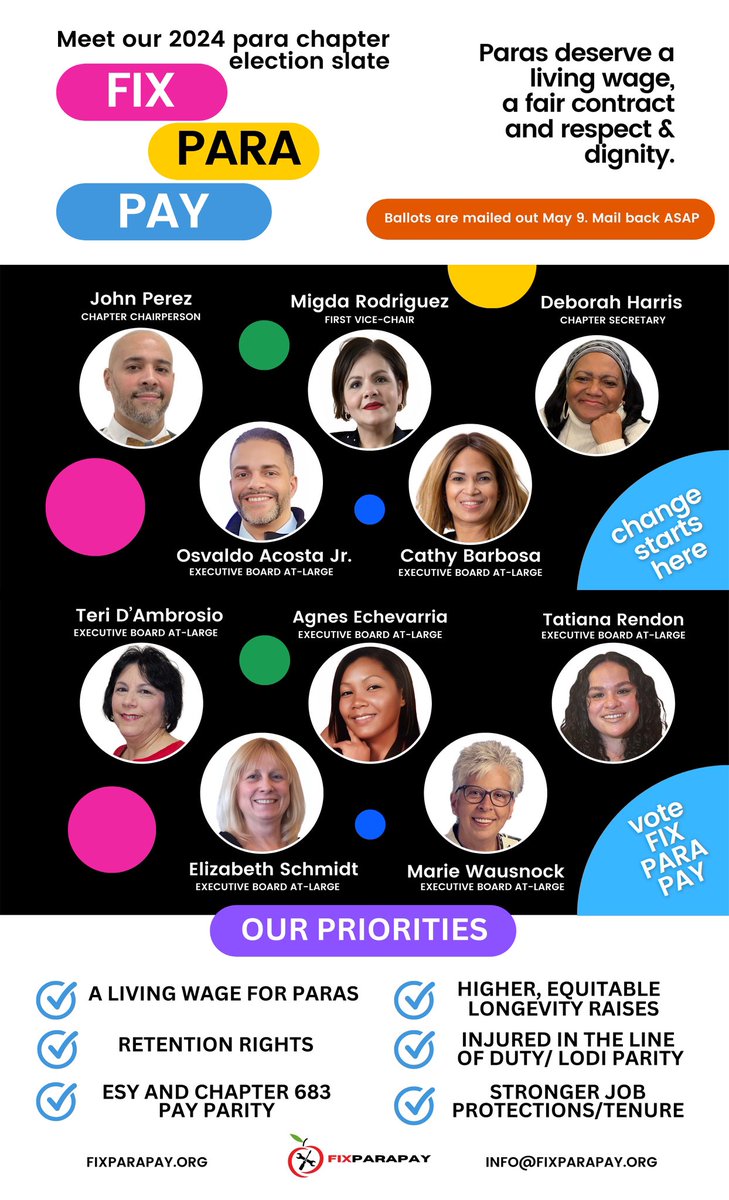 MEET THE FIX PARA PAY SLATE

LET’S GOOOOOO! A community of union proud and union strong paras is excited to announce the candidates for the 2024 citywide UFT para chapter election.

Mail-in ballots for the 2024 citywide UFT paraprofessional chapter elections will be mailed out on
