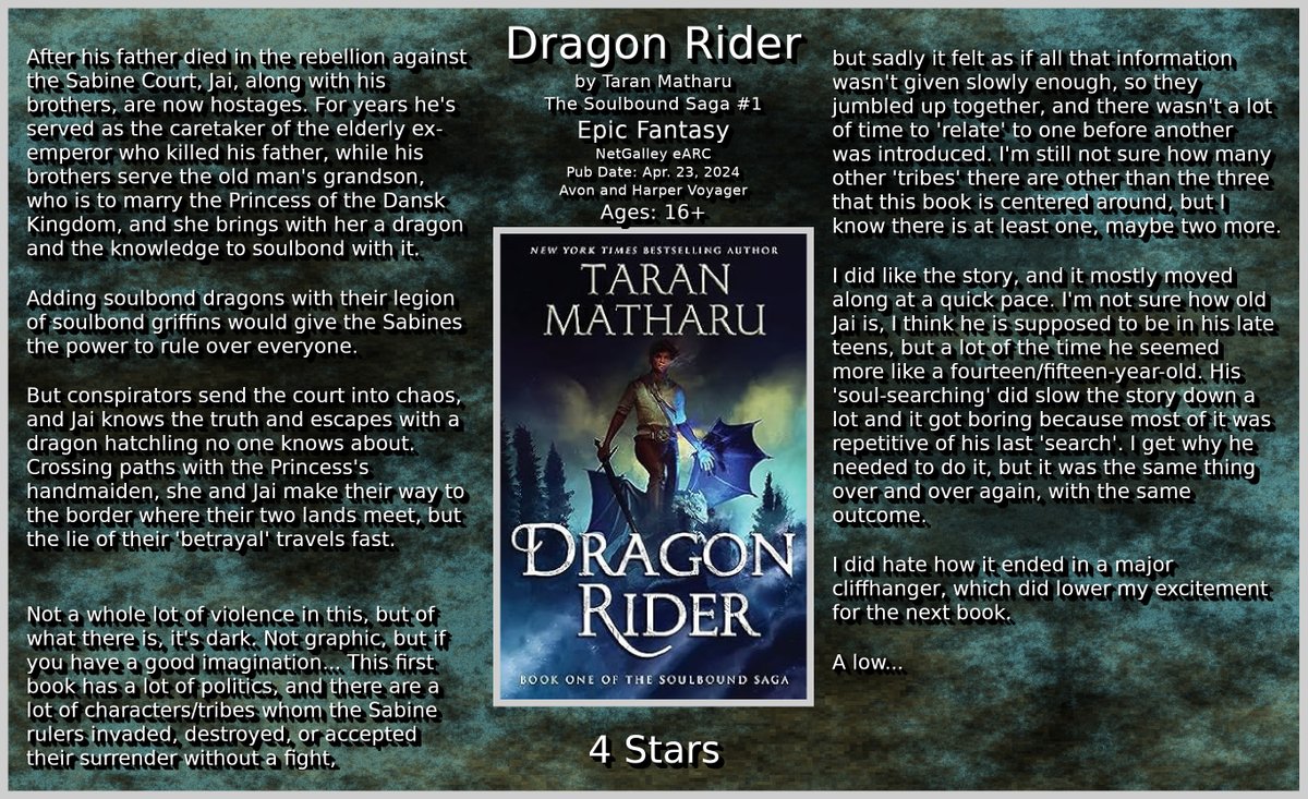 Dragon Rider by Taran Matharu The Soulbound Saga #1 #EpicFantasy @NetGalley eARC Pub Date: Apr. 23, 2024 Avon and Harper Voyager Ages: 16+ 4 Stars #DragonRider #BookTwitter #bookblogger #bookworm #BookBlogging #bookreviews #ilovebooks #bookaddict #NetGalley