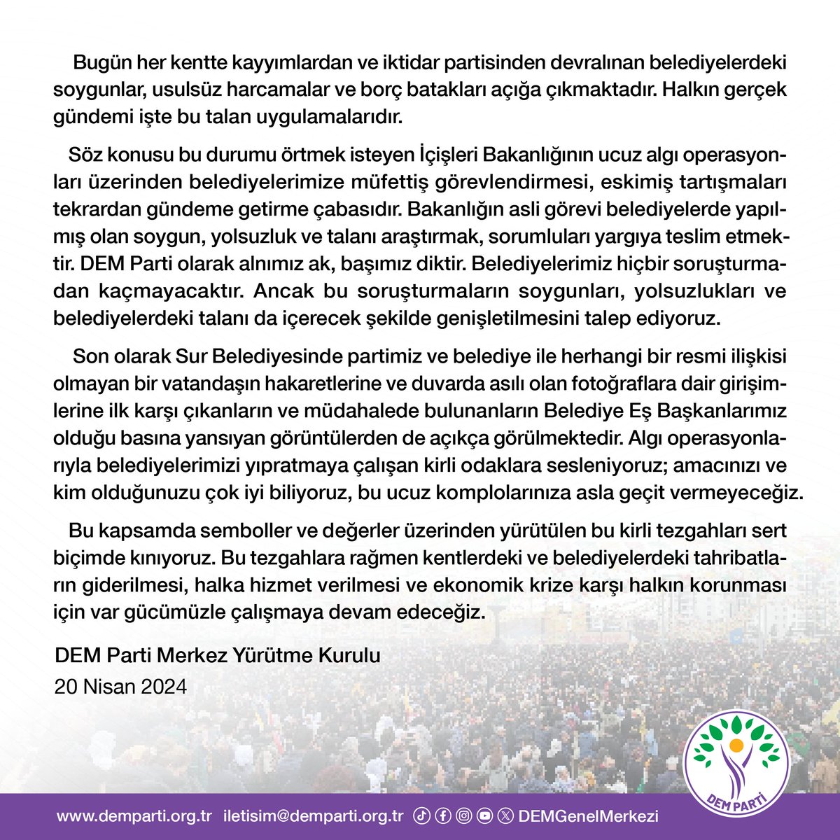 Ucuz algı operasyonlarına ve kirli provokasyonlara rağmen halka hizmete devam edeceğiz! Merkez Yürütme Kurulumuzun açıklaması: demparti.org.tr/tr/ucuz-algi-o…