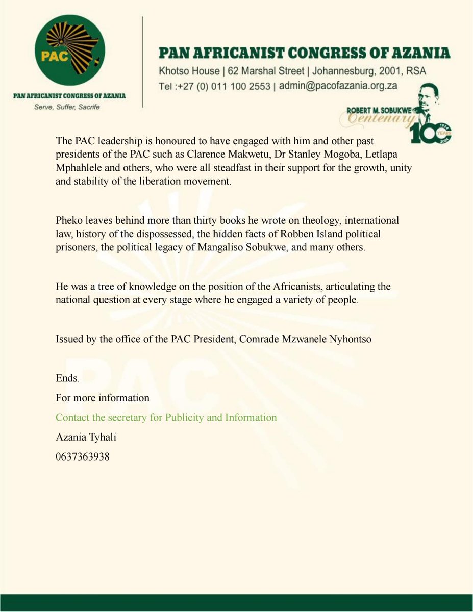 Media statement: it is with heavy hearts that we received the news of passing of Dr. Motsoko Pheko, former President of the Pan Africanist Congress of Azania (PAC).