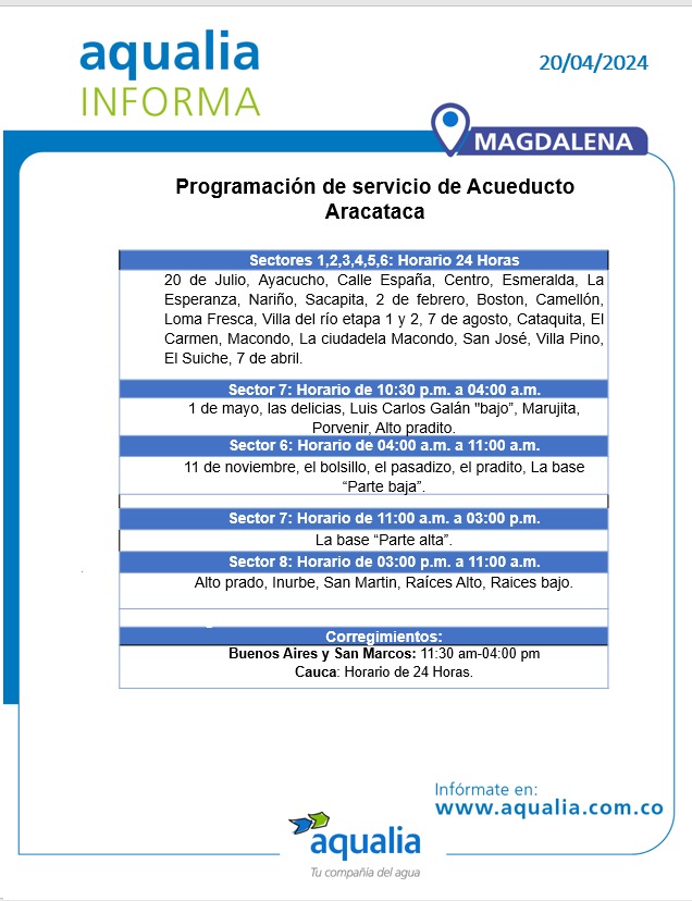 #AqualiaCol_Informa 🇨🇴 | 20 de abril #Magdalena 📣 Infórmate aquí con nuestro último aviso para #Aracataca.

#AqualiaColombia