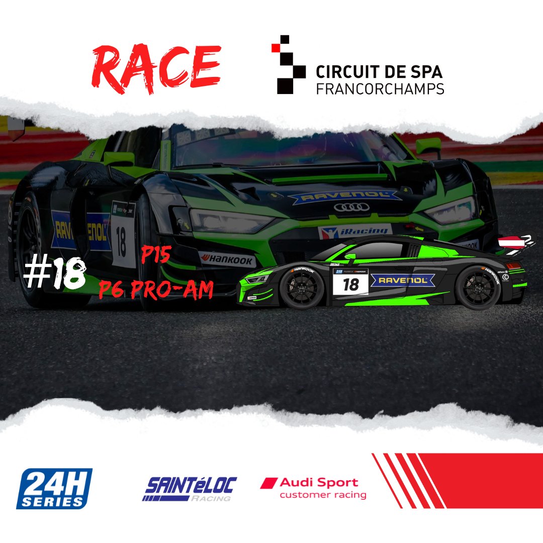 End of Race Part 1 at #12HSpa in 🇧🇪 On a wet track and after starting from the back of the grid due to a penalty, # 18 Audi R8 LMS GT3 is back into the Top 15 and P6 Pro-Am. Race Part 2 will start tomorrow morning at 10:50 #24HSERIES 📷 @24HSERIES