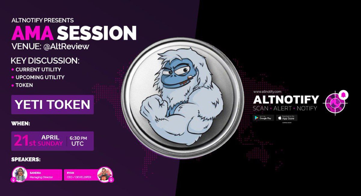 Get ready for our next AMA 🎤 tomorrow night in t.me/altnotifyapp telegram chat 

Get ready for Chief to talk the socks off the audience 🚀🚀

Lets gooooo!! 💪💪

CA: 0xA2936abe3341B326f8F9BafFBd9988B2b7384229

#BSCGEM #savetherugged #BNBrain #YETI #Roadto100mil