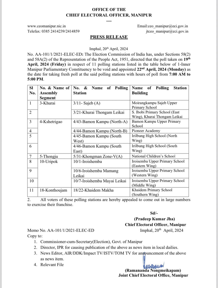 Re-polling ordered in 11 polling stations in Manipur over allegations of violence and riots.