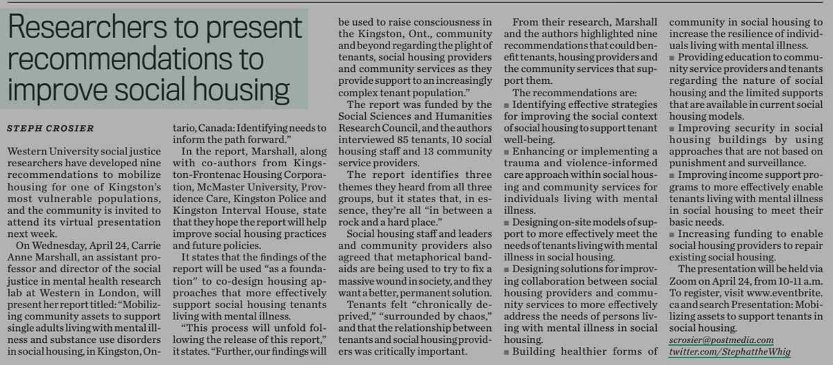 Thanks @StephattheWhig for sharing this work on #socialhousing and collaborating with communities to promote the health of tenants. Really looking forward to enacting these recomms. @AbeOudshoorn @GewurtzRebecca @corinna_easton @shauna506 @KIHInterval @amhskfla @providence_care