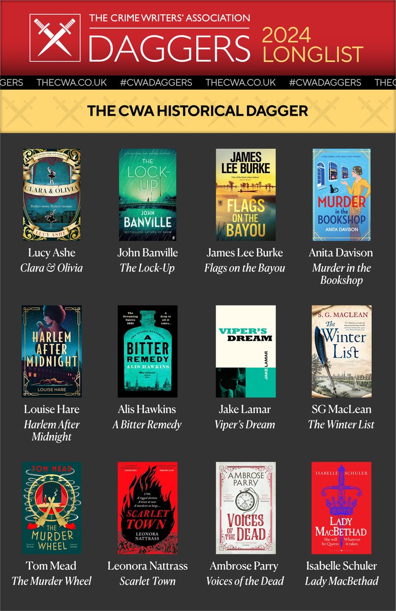 🗡 THE CWA HISTORICAL DAGGER (1/2) #CWADaggers Lucy Ashe: Clara & Olivia John Banville: The Lock-Up James Lee Burke: Flags on the Bayou Anita Davison: Murder in the Bookshop Louise Hare: Harlem After Midnight Alis Hawkins: A Bitter Remedy