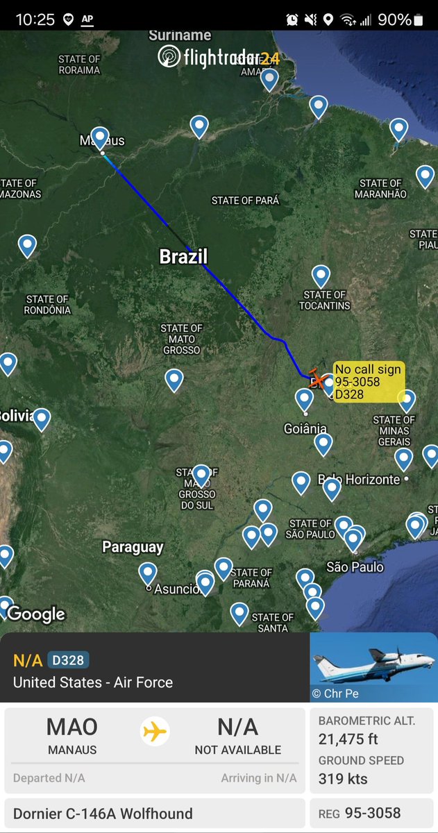 USAF Special Operations Command C-146A Wolfhound 95-3058 #AE68E0 departed Manaus BR, now descending to Brasilia.