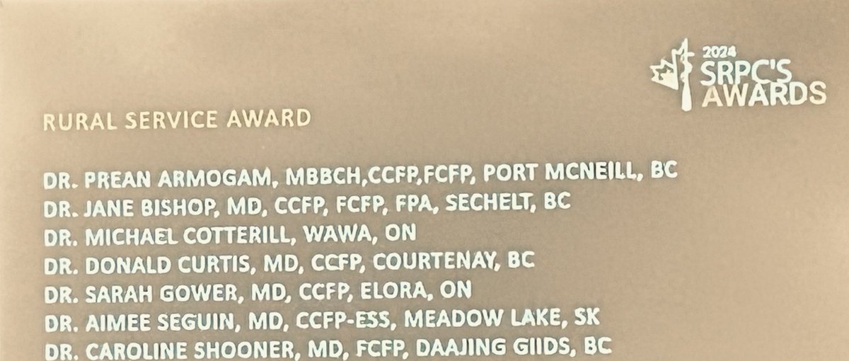 Very proud of my colleague and mentor Dr. Prean Armogam for his recognition at #SRPC2024 @SRPCanada Dr. Armogam is rightly revered on northern Vancouver island - a superb clinician and advocate for our underserved rural/remote population Thank you and other dedicated docs 🙏🏽