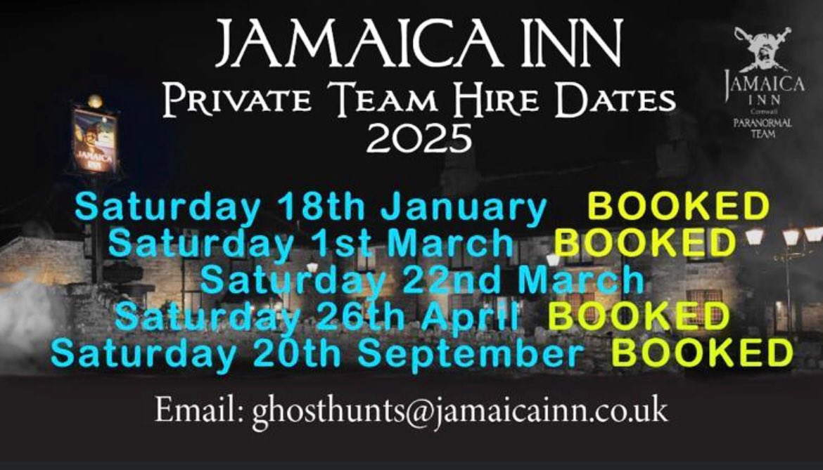 Only one date left now. #JamaicaInn #privatehire #paranormal #Cornwall #Kernow 
@jamaicainn