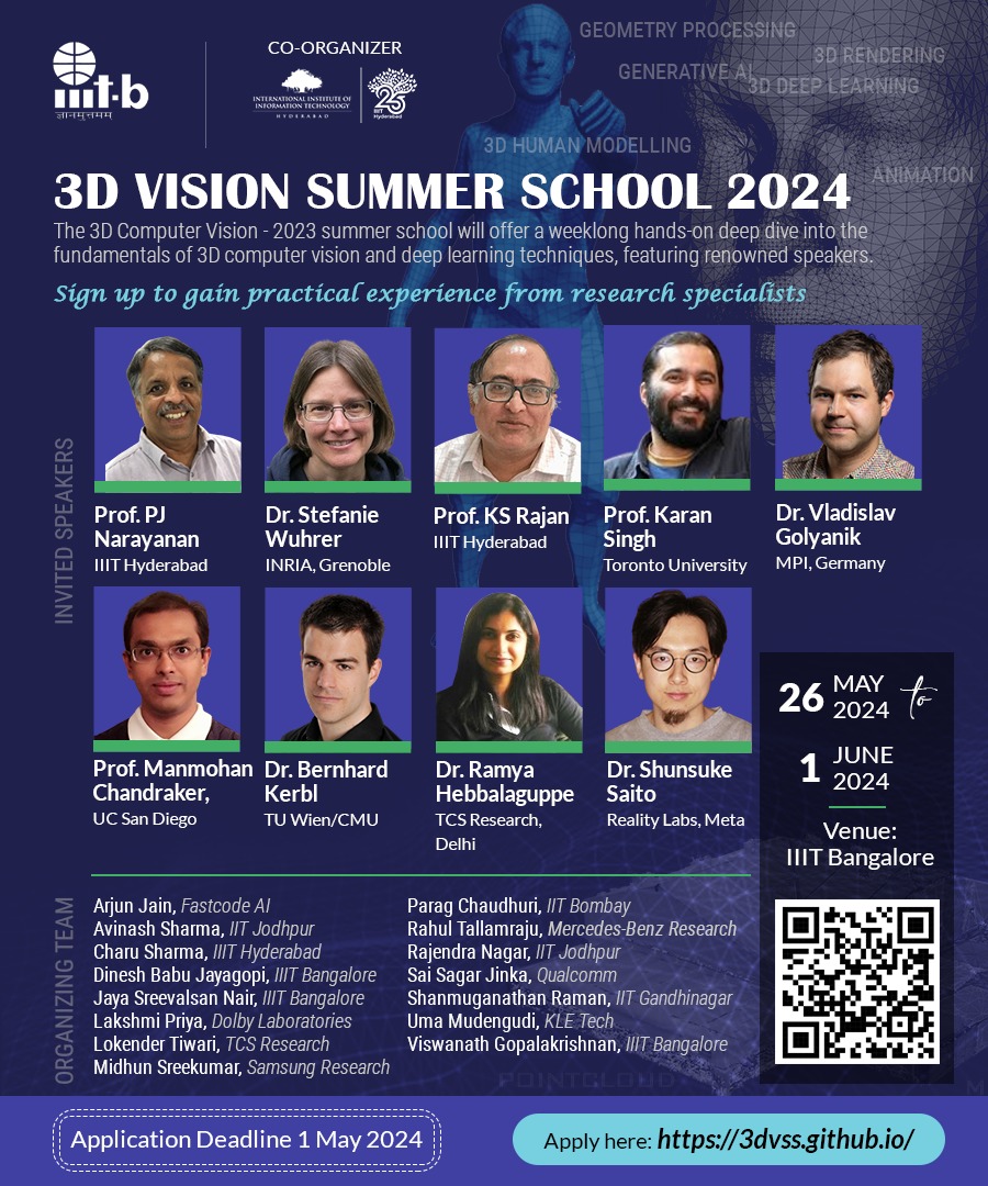 3D Vision Summer School 2024 offers hands-on weeklong deep dive into fundamentals of 3D computer vision and deep learning techniques. Great opportunity to learn from accomplished researchers in the field. Details at 3dvss.github.io #IIITH #IIITB #3d #GenAI