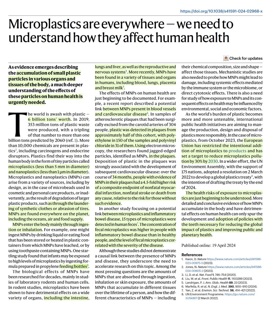 Good succinct summary of the microplastic mess. Recent evidence of presence in arteries, clots, and GI tract and correlation with adverse health outcomes
nature.com/articles/s4159… @NatureMedicine