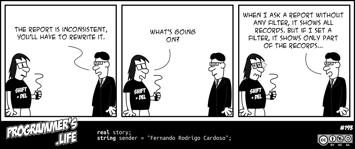developers_life's tweet photo. Comic #193 (19/09/2016): Inconsistent report https://t.co/J7Ak1S6FLv #developerslife #webcomic https://t.co/8CEmsyfyX8