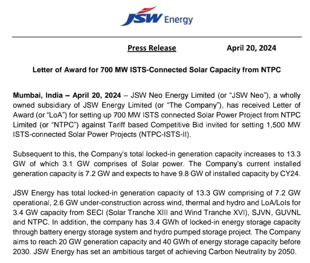 #JSWEnergy | Arm JSW Neo Energy gets letter of award for 700 MW ISTS connected solar capacity from #NTPC