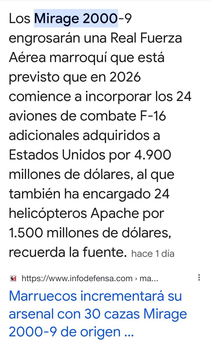 BonAviador's tweet photo. Marruecos incrementa su arsenal con la compra d 30 Mirage-2000, 24 cazas F-16 y 15 Helicópteros Apache. 
Y España le regala 500.000€ en Sanidad.
Sabéis lo que cuesta un caza?
Os lo digo yo: 23 millones de dólares.
Los 24 F-16, 4.900 MM
Tus impuestos van a la Sanidad (marroquí). https://t.co/d57B9zuUsA