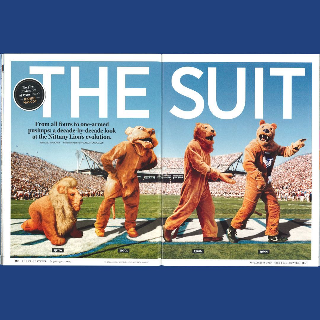 Happy birthday to Penn State's beloved @NittanyLion! From all fours to one-armed pushups, here's a decade-by-decade look at the Nittany Lion's evolution from our Jan/Feb 2013 issue: buff.ly/3UqROva #WeAre #PennStaterMag #PennStater @GoPSUSports @penn_state