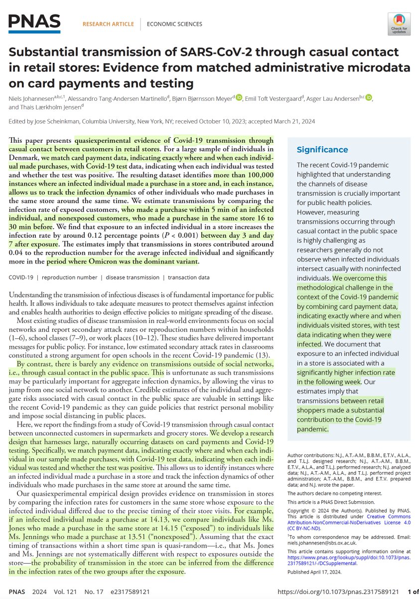 A clever and unique study documents that much Covid transmission occurred via shopping in retail stores pnas.org/doi/10.1073/pn… @PNASNews @ThaisLaerkholmJ @CEBI_UCPH