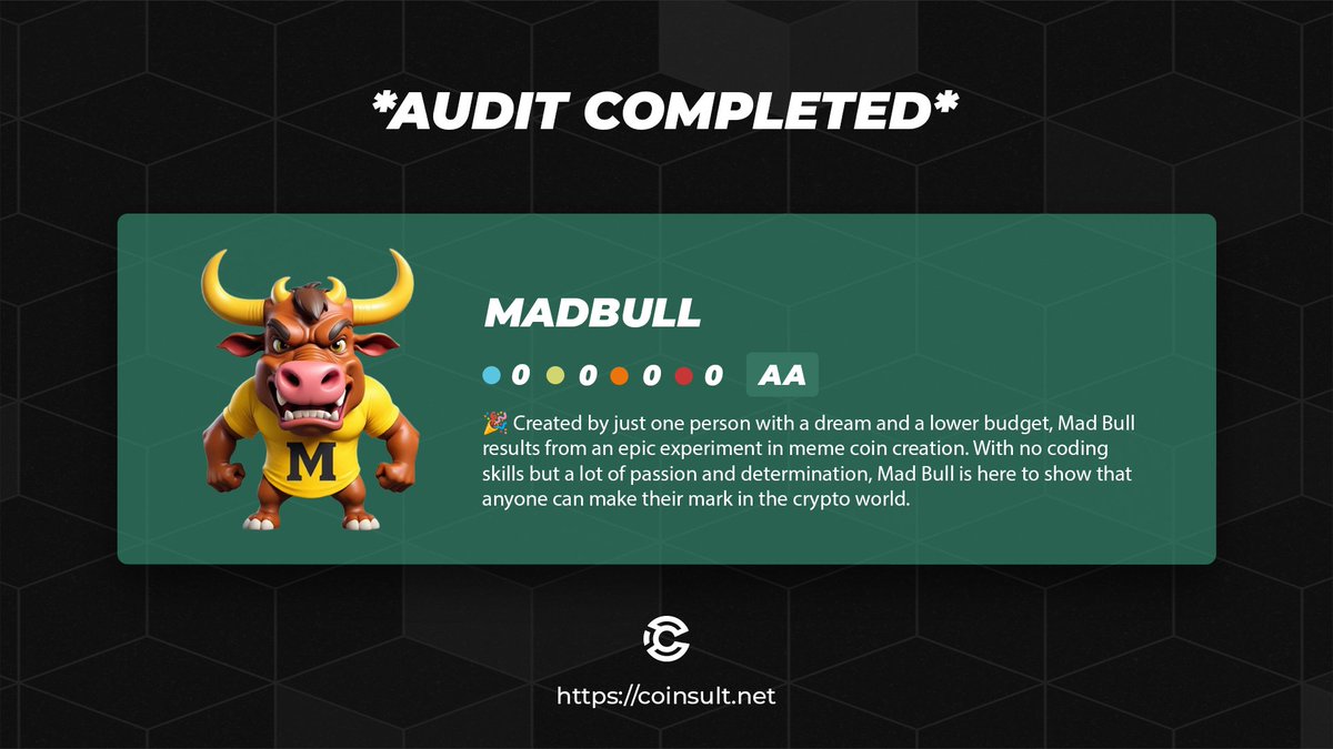 🔒 AUDIT COMPLETED FOR MADBULL

🎁 GIVEAWAY: $20 (48 hours)

1⃣ Follow <a href="/MADBULL_MEME/">MADBULL_MEME</a> &amp; <a href="/CoinsultAudits/">Coinsult - Audits & Development</a>
2⃣ Like + RT this tweet
3⃣ Place a comment 💬

Go check out the full project page of MADBULL 👇
coinsult.net/projects/madbu…

#giveaway #audit #smartcontract #cryptogiveaway #crypto