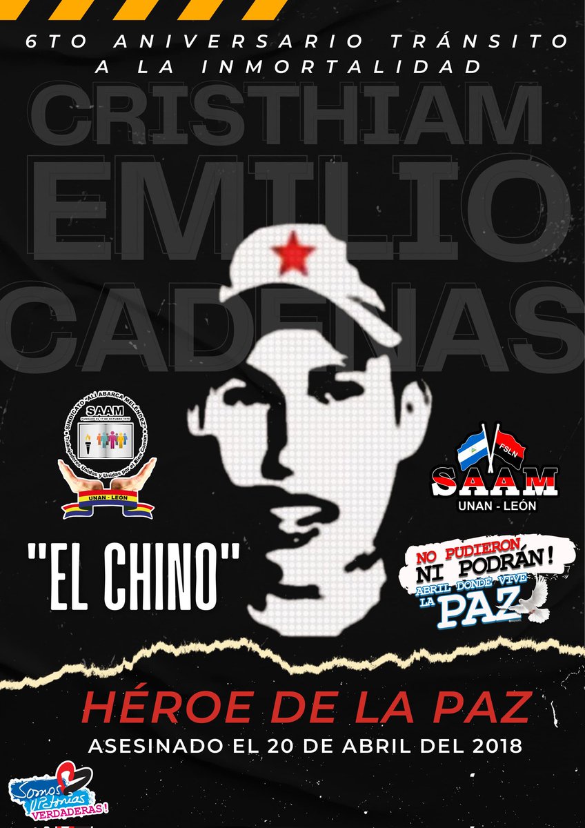El Sindicato Ali Abarca Meléndez , UNAN- León, conmemora el 6to aniversario del tránsito a la inmortalidad de nuestro héroe nacional de la Paz Cristhiam Emilio Cadenas, honor y gloria a su lucha por nuestra Patria y Soberanía. 
SAAM SOMOS CRISTHIAM!
❤️🖤
#SomosVictoriasVerdaderas