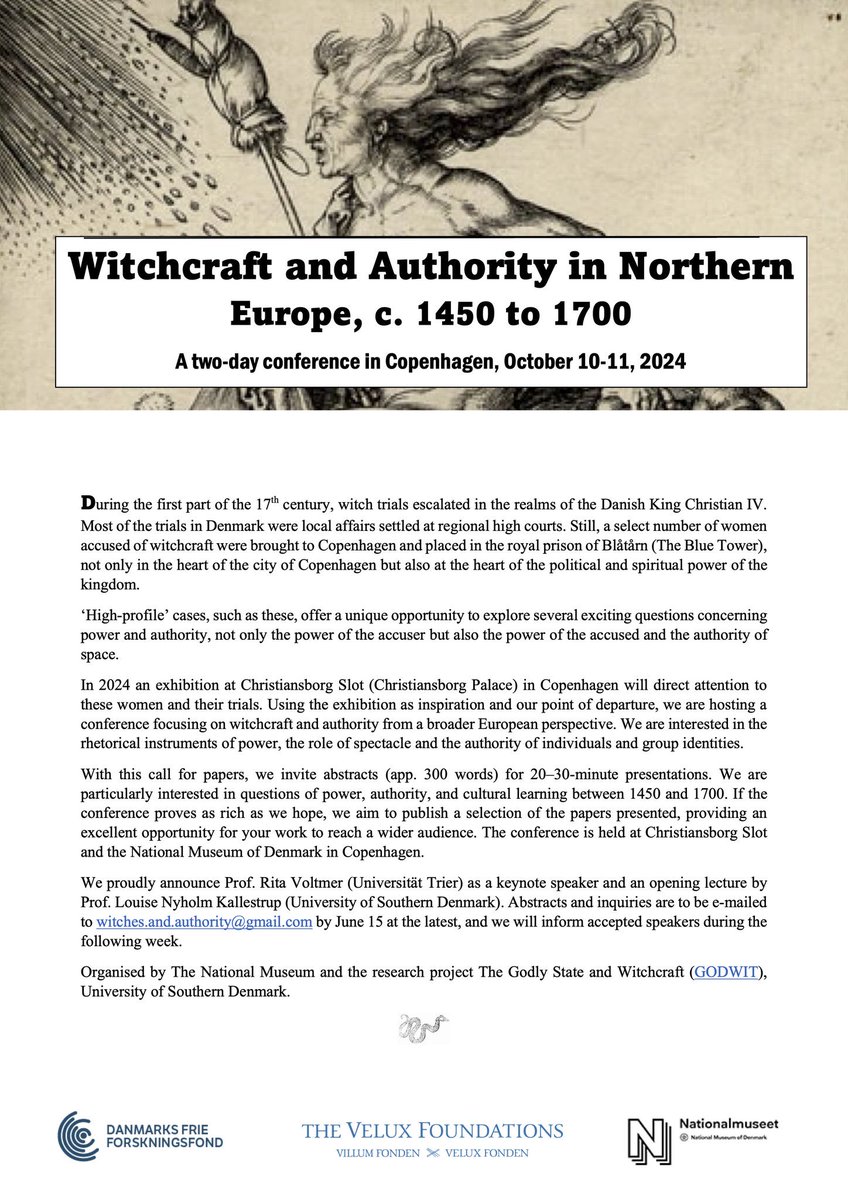 Come join is in Copenhagen this October for a conference on witchcraft and authority! ✨ @Nationalmuseet @SyddanskUni #twitterstorians #witchcraft #hextag #Renaissance #CFP #earlymodern