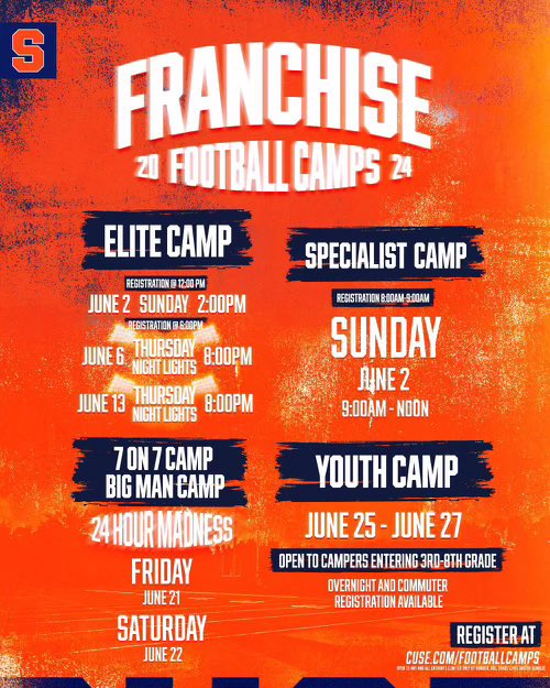 The Best camp on the East Coast! Pull up to the 315 🍊and get evaluated🕵🏽‍♂️, coached up 📝 , and compete 🍴 ! Y’all see what’s going on 🔥🍊☄️. Sign up now! ⬇️⬇️⬇️ franchisecusecamps.totalcamps.com/shop/EVENT