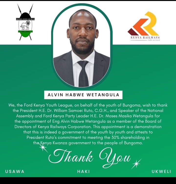 Joshua Kondeng (@jkondeng) on Twitter photo Village Party leader <a href="/HonWetangula/">Rt.Hon.Dr.Moses Wetang'ula</a> has appointed his son as member of board of directors to Kenya Railways corporation. His followers are celebrating the appointment alluding that Weta is empowering the youths.Pathetic. Village Party leader <a href="/HonWetangula/">Rt.Hon.Dr.Moses Wetang'ula</a> has appointed his son as member of board of directors to Kenya Railways corporation. His followers are celebrating the appointment alluding that Weta is empowering the youths.Pathetic.
