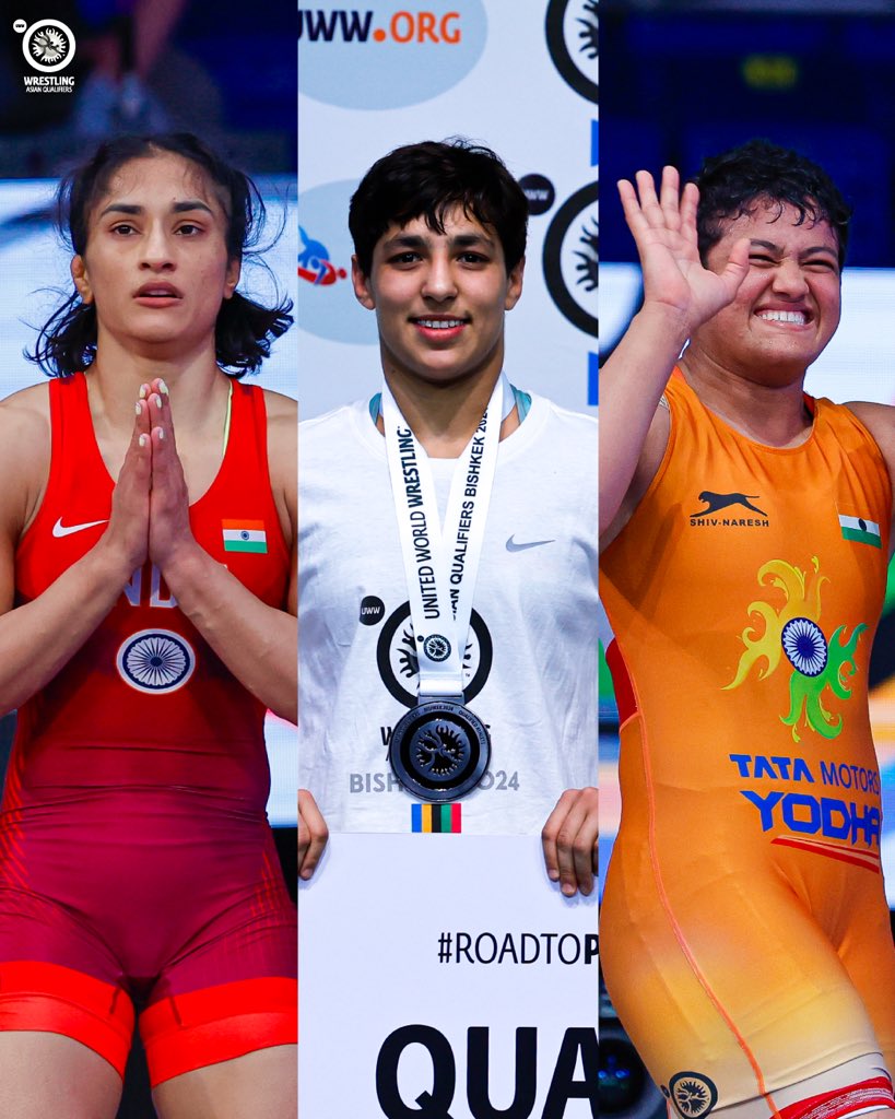 India 🇮🇳 with three #Paris2024 quotas in women’s wrestling 50kg - @Phogat_Vinesh 🇮🇳 57kg - @OLyAnshu 🇮🇳 76kg - REETIKA 🇮🇳 #wrestlebishkek #pathtoparis #olympics