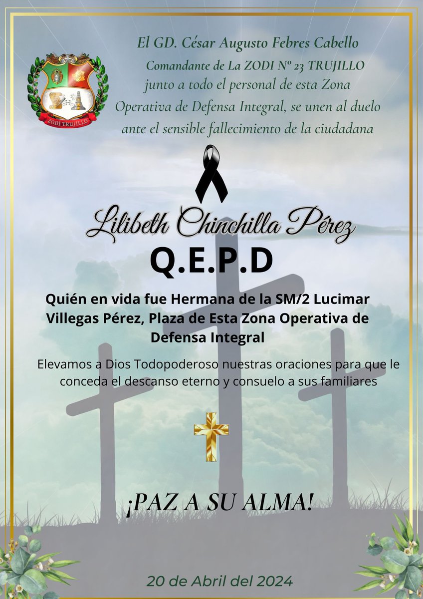 Desde nuestra Zona Operativa enviamos nuestras más sinceras palabras de condolencias a la SM2 Lucimar Villegas plaza de nuestra @zoditrujillo por el fallecimiento de su hermana Lilibeth Chinchilla Pérez. Dios Todopoderoso le conceda el descanso eterno.

¡Paz a su alma!