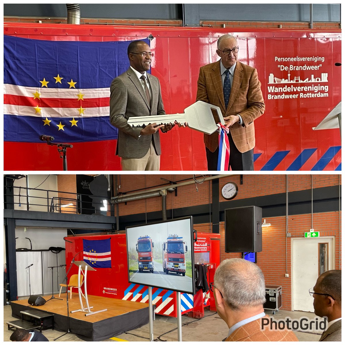 Bgm Aboutaleb overhandigde op kaz. Frobenstraat symbolisch de sleutel van twee brandweerwagens aan bgm Carvalho van Praia (Kaapverdië). De <a href="/Vr_RR/">Veiligheidsregio Rotterdam-Rijnmond</a> en de <a href="/gez_brandweer/">Gez. Brandweer</a> dragen zo bij aan de veiligheid op de eilanden en vieren de bijzondere band tussen Nederland en Kaapverdië.