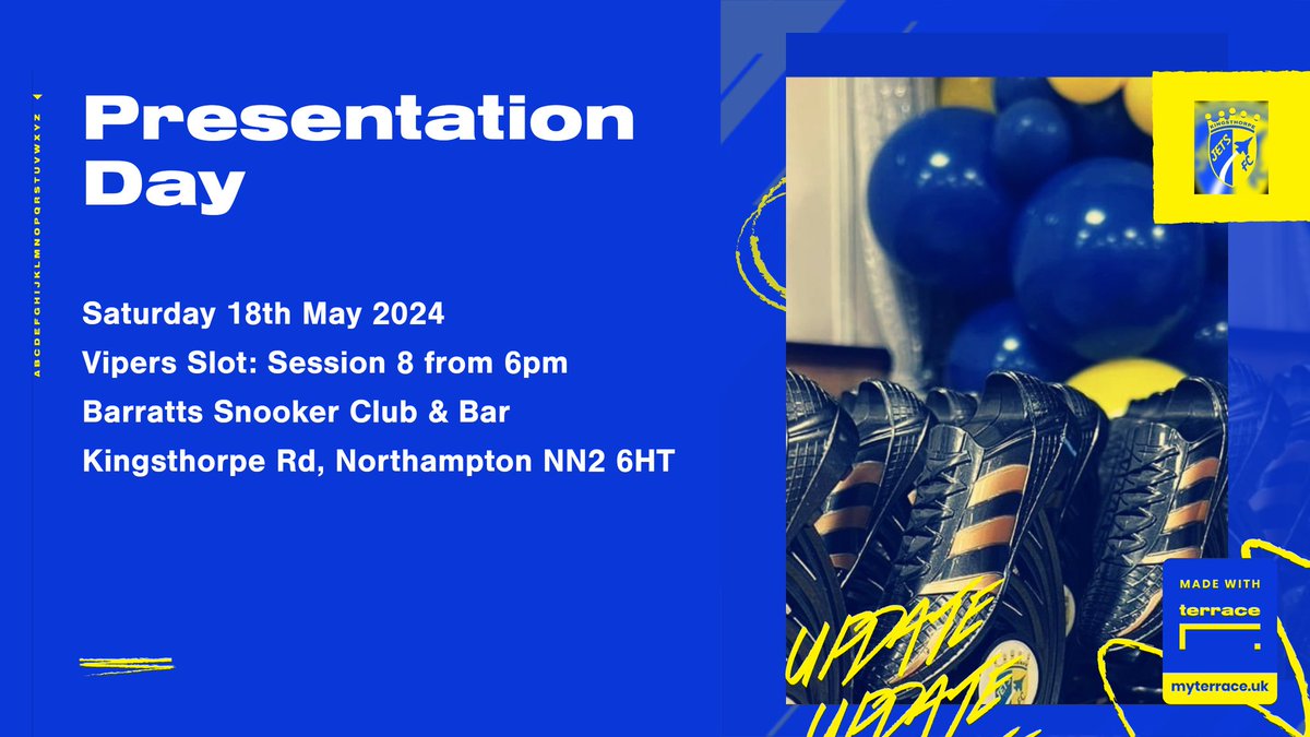 Update about our Presentation Day! Fun times and celebrations are coming soon! #KingsthorpeJets #KingsthorpeJetsVipers #Under10s #YouthFootball #GrassrootsFootball #NDYAL @NorthantsFA #Football #Awards #Fun #Presentation #Celebrate #Barratts
