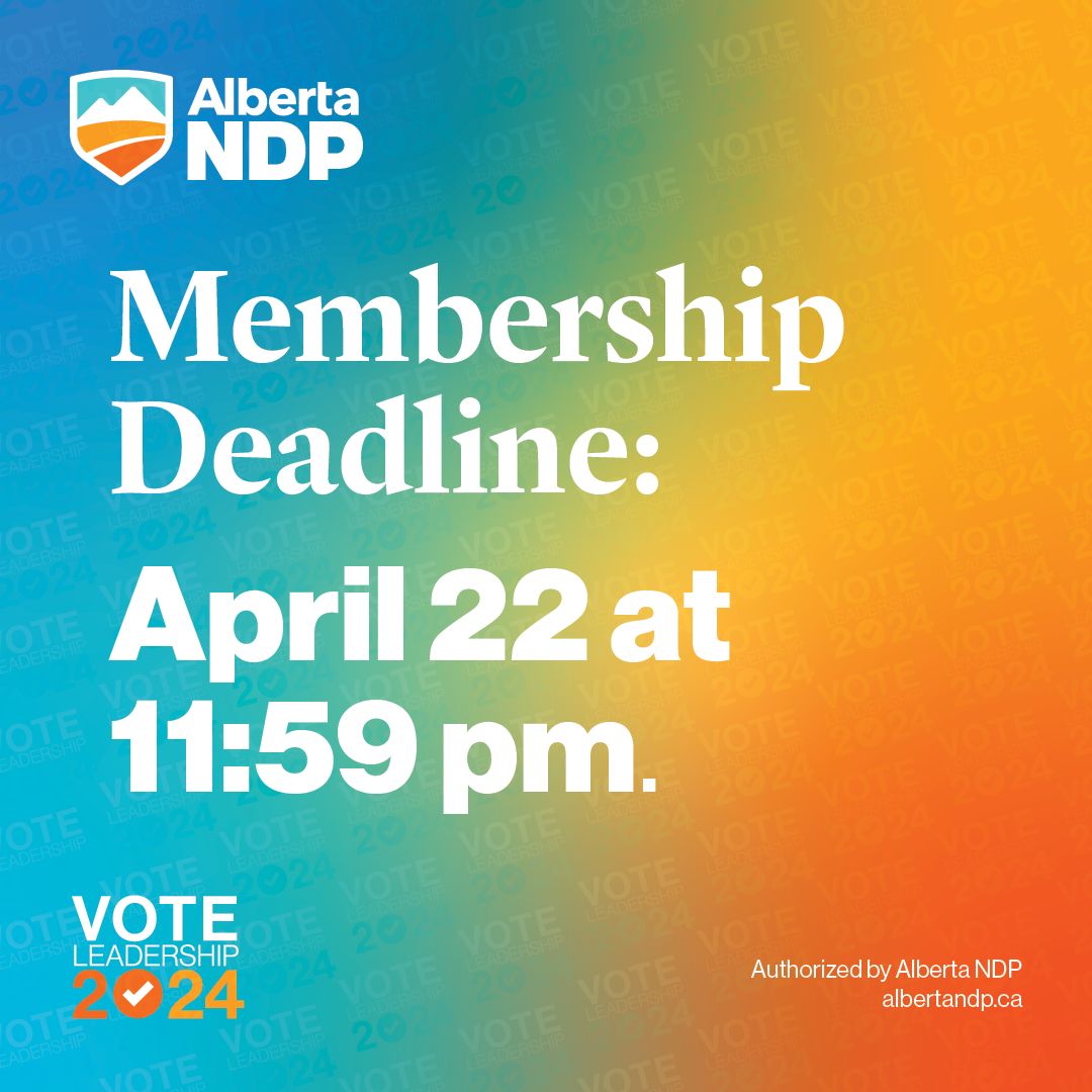 Time is almost up! Make sure to become a member of the Alberta NDP by Monday night so you can vote for our next leader. Voting begins June 3! Let's do this! albertandp.ca/join