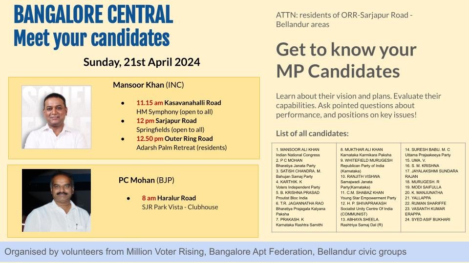 ATTN: Residents of ORR-Sarjapur Road - Bellandur areas
Meet #BangaloreCentral candidates on Sunday morning! 
Organised by Million Voter Rising, Bangalore Apt Federation, Bellandur civic groups
Register: 
docs.google.com/forms/d/e/1FAI…