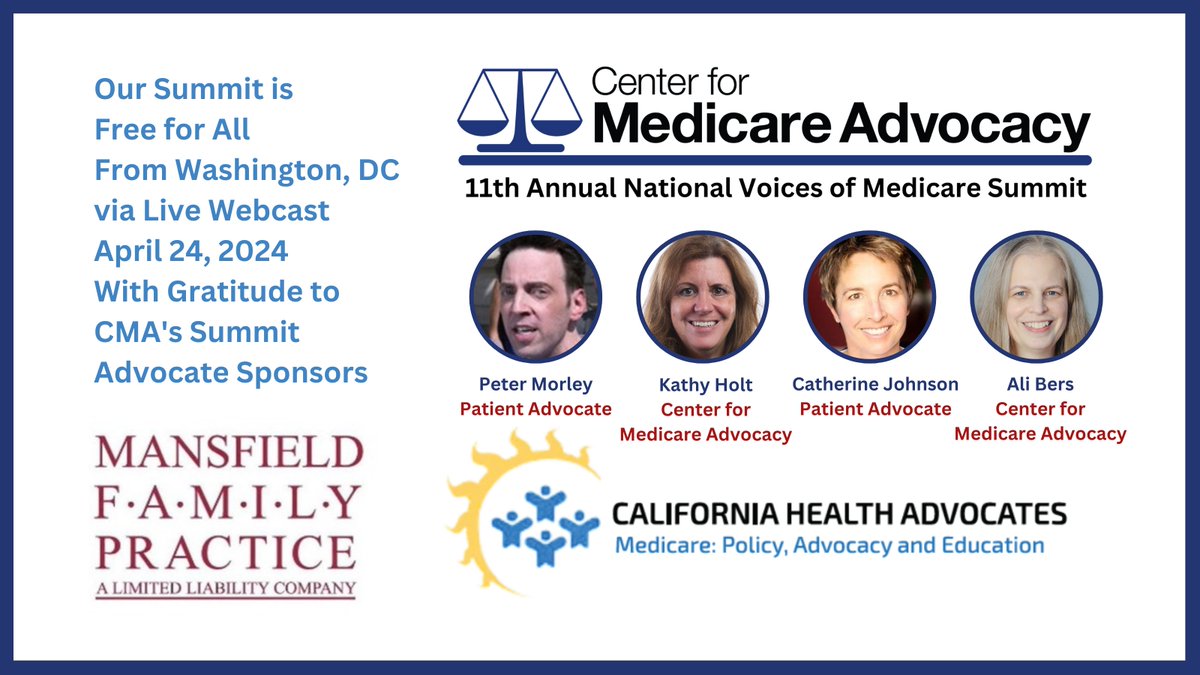 📣Free Live Webcast - register today for the National Voices of Medicare Summit on 4/24 w/@CMAorg's Kathy Holt & @Alice_Bers, Patient Advocates Catherine Johnson & Peter Morley @morethanmySLE w/gratitude to Mansfield Family Practice & @CAHealthAdvoc ⚖️➡️bit.ly/3TmoUKW