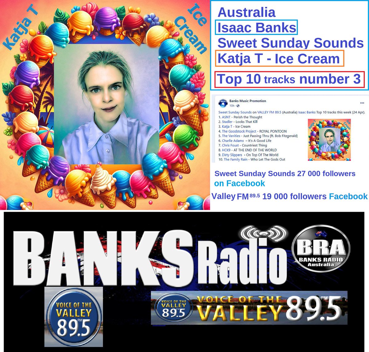 Unbelievable! 🤩🥉🎤In Australia, my song Katja T - Ice Cream is the 3rd most played in weekly chart on @ValleyFM, which has 19,000 followers on Facebook. Thank you very much, Isaac Banks, Sweet Sunday Sounds 27,000 followers and VALLEY FM 89.5 & @BanksRadioAU ! 💖