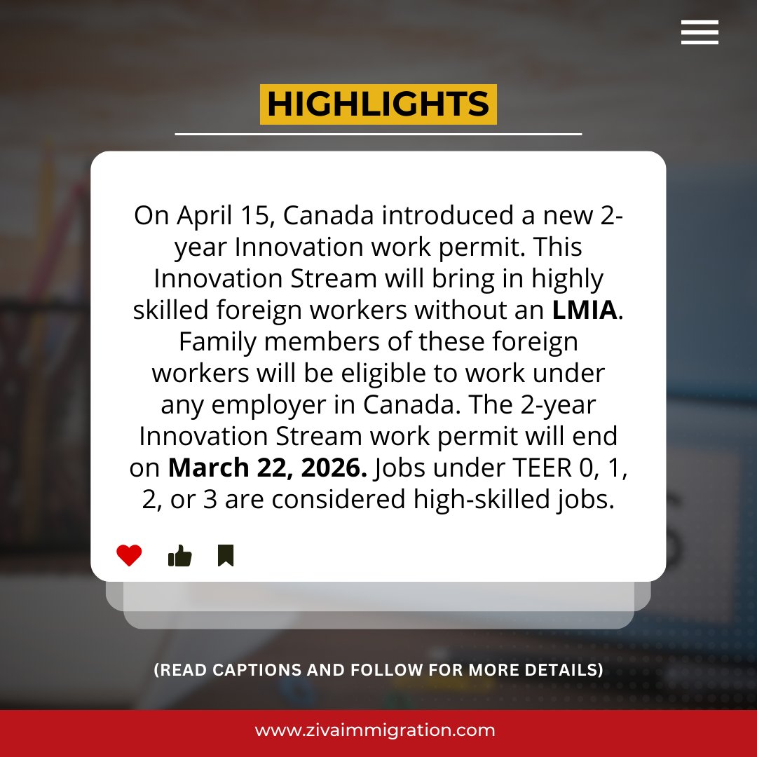 🌟 Breaking News! Canada unveils a new 2-year Innovation Work Permit starting April 15! No LMIA required, paving the way for highly skilled foreign workers and their families to work freely in Canada. 

#CanadaWorkPermit #InnovationStream #SkilledWorkers #WorkInCanada