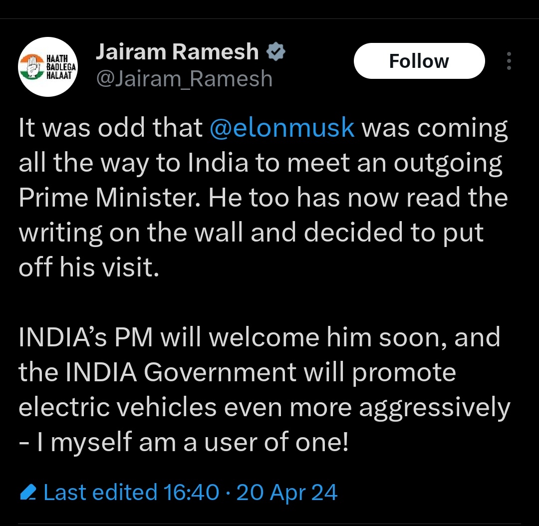 Hello @elonmusk, the opposition of India claims that your visit to India has been delayed as you believe that PM @narendramodi will not be repeating the 3rd tenure when you've clearly mentioned the reason as your prior obligations towards TESLA. Do you endorse such false