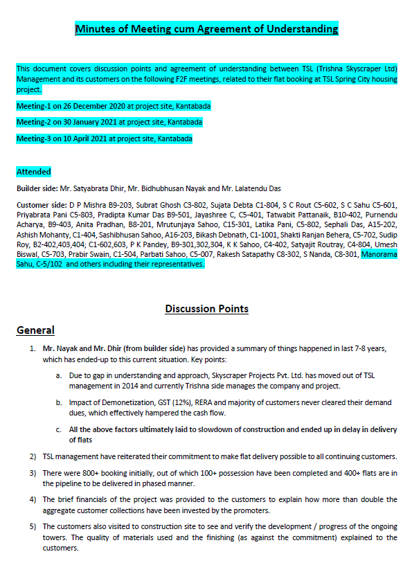 tslspcustasso's tweet photo. Here is the combined MoM cum Agreement of Understanding during the meetings (26-Dec-20, 30-Jan-21, 10-Apr-21) between the Flat buyers and @tslspringcity builder management including Mr. Satyabrata Dhir.

#WhenSpringCityDeliver
#Bhubaneswar https://t.co/P5c3YQ9TTb