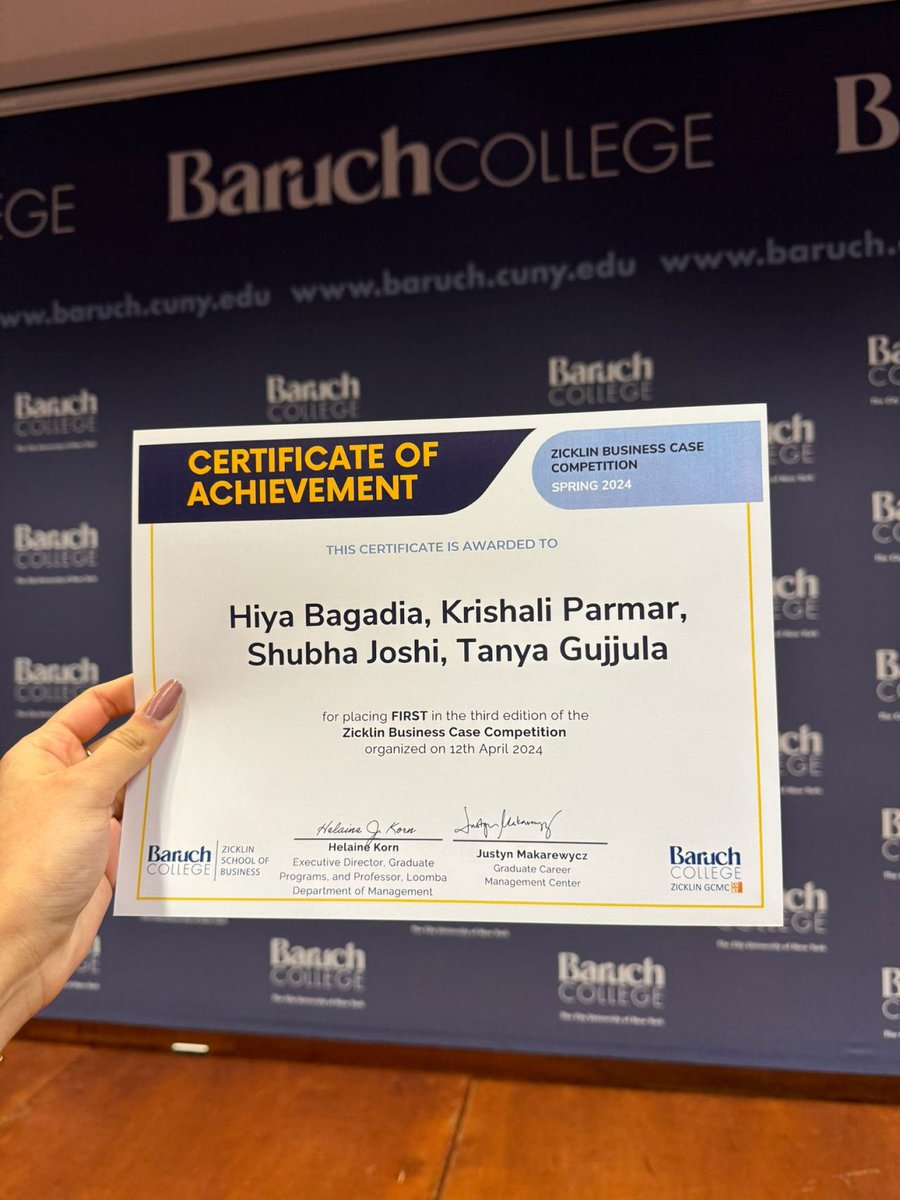 FordhamGSB's tweet photo. Thrilled to announce that @FordhamGSB has won the Zicklin Graduate Student Case Competition. The 4 M.S. in Marketing Intelligence students who competed were: Hiya Bagadia, Krishali Parmar, Shubha Joshi, &amp; Tanya Gujjula. Congrats to them &amp; to the Gabelli School Marketing Area! https://t.co/xVA6BDhnMC