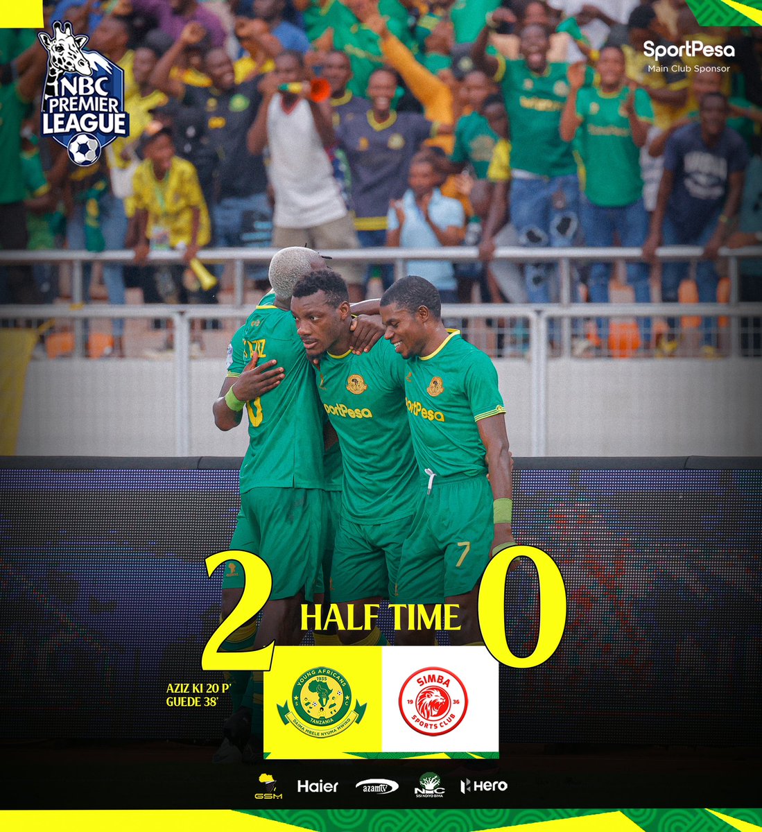 YoungAfricansSC's tweet photo. 𝐇𝐀𝐋𝐅 𝐓𝐈𝐌𝐄⏱️| #NBCPremierLeague 

Young Africans SC 2-0 Simba SC

#TimuYaWananchi 
#DaimaMbeleNyumaMwiko https://t.co/3AkYoXflF3