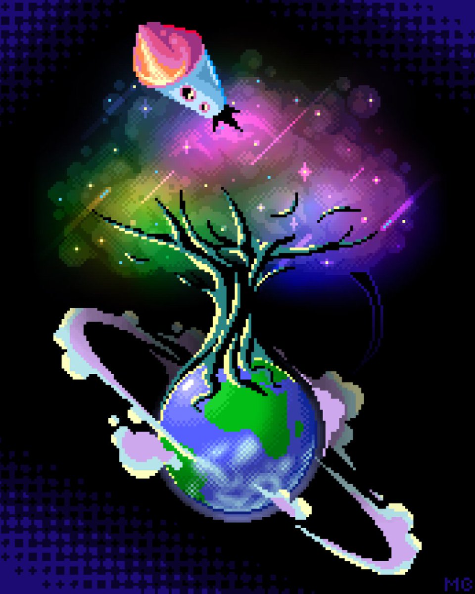 A art piece I did a while ago as part of a entry to a competition. I didn't win, but I got a pretty cool art piece out of it. There are a lot of cool themes in here I think.

#pixelart #drawing #painting #aseprite #pixelartist #art #earth #vivid #universe #nature #galaxy #space