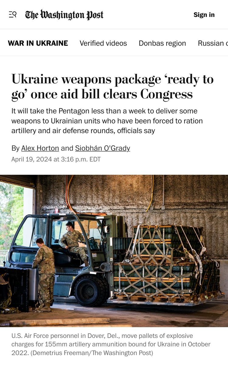 Pentagon arms will reach Ukraine in less than a week once aid bill clears Congress - The Washington Post The Pentagon has a massive infusion of military aid for Ukraine “ready to go,” U.S. officials said. They also noted that the Defense Department initiated the assembly of this