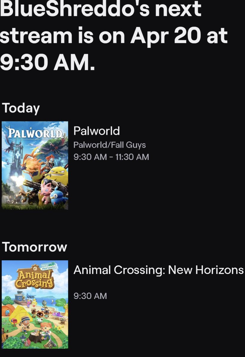blueshreddo's tweet photo. *Streaming at 10am CST this morning instead of 9:30am! 

https://t.co/nWtOCz5b2H

Finally posting the rest of my stream schedule for this morning &amp; tomorrow CST! :) 

#twitchaffiliate #blueshreddo #palworld #fallguys #animalcrossingnewhorizons https://t.co/tWHmn5otcA