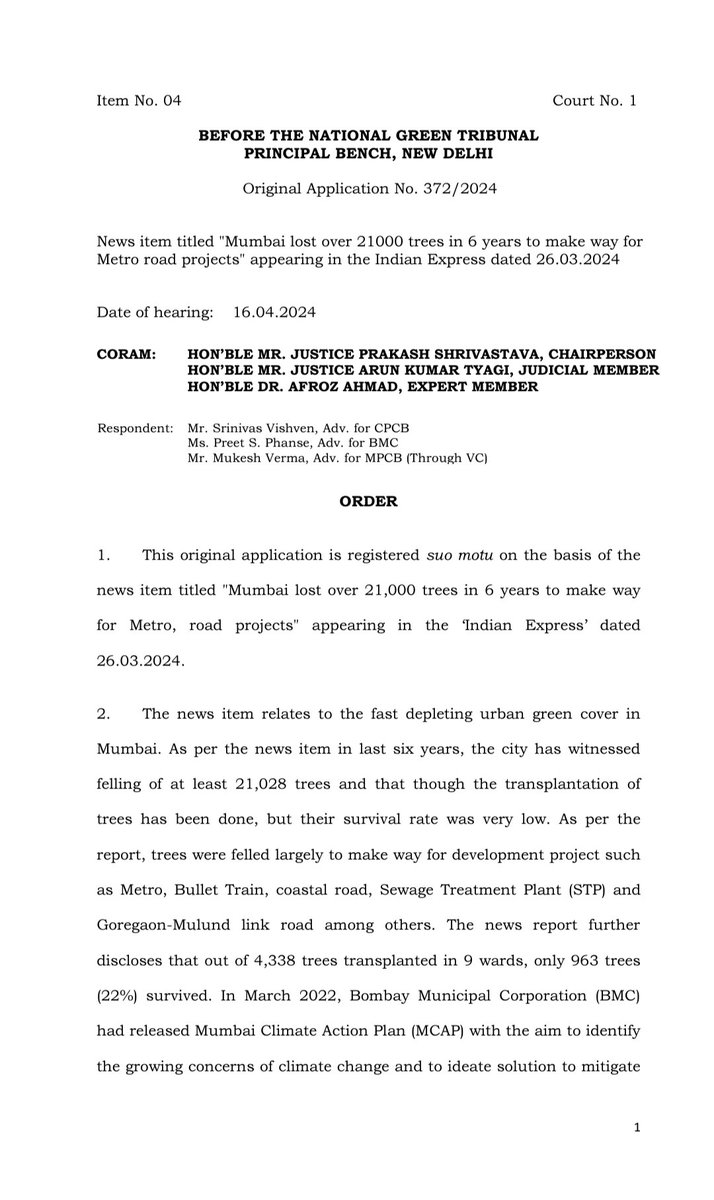 The National Green Tribunal took suo-motu cognisance of the @IndianExpress report which highlighted that over 21,000 trees were felled in Mumbai to make way for various infra projects between 2018-23. The NGT has sought responses from #BMC, #MPCB for the depleting green cover.