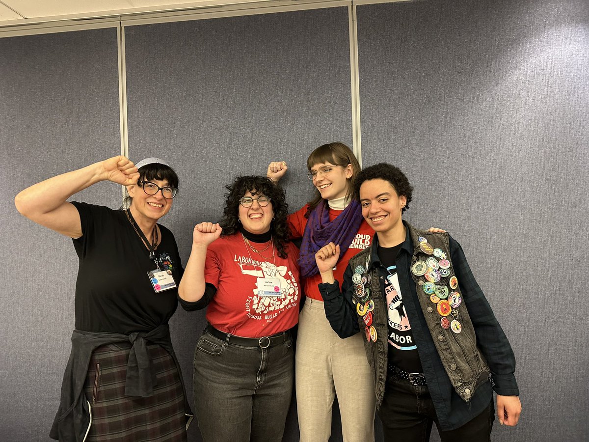 Trans Worker Leaders Panel at @labornotes was sooo cute and fun 😎🫡💪 @GoodbyeAlma 🤝 @condeunion @BonesInVelvet 🤝 @SBWorkersUnited Elbe Lieb 🤝 @TeamsterRnF