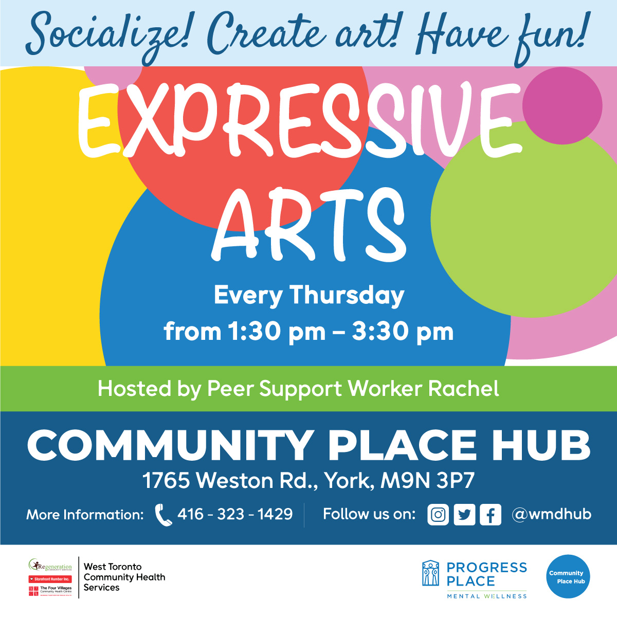 🗒️REMINDER: Don’t forget Art and Peer-to-Peer program today at #CommunityPlaceHub 🖌️#Expressive Art: 1:30 pm - 3:00 pm 💭#Peer-to-peer: 5:00 - 6:00 pm 📍Location: Community Place Hub, 1765 Weston Rd., M9N 3P7 Contact us at 416-323-1429 or communityplacehub@progressplace.org