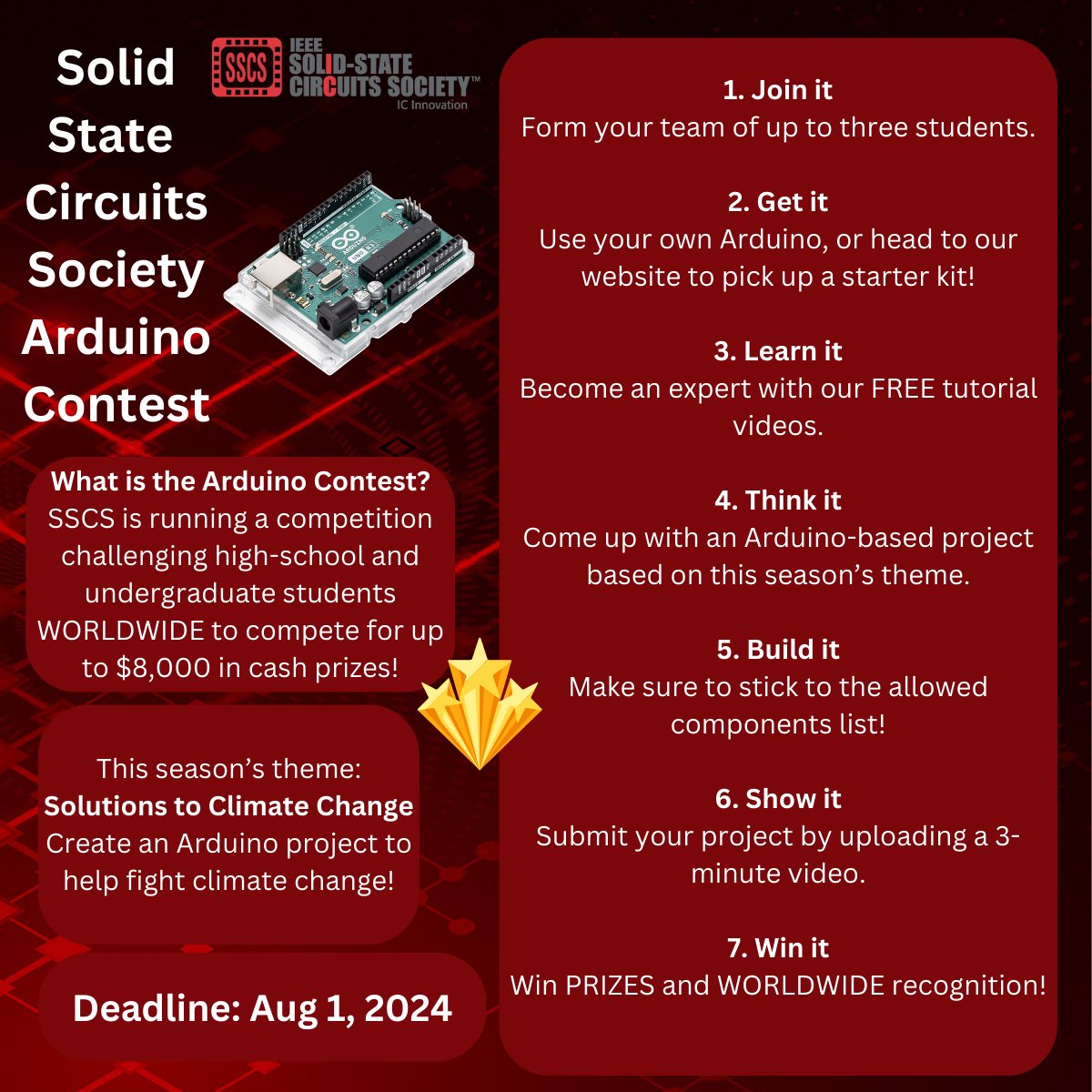 Attention high school and undergrad students WORLDWIDE! The SSCS Arduino Contest is back and open to everyone around the world. This competition challenges high-school and undergrad students to compete and win cash prizes! For more info click here: sscs-arduino-contest.com